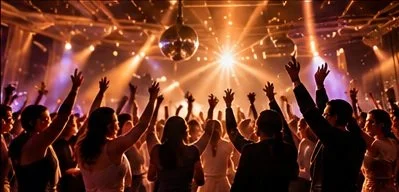 People dancing and raising their hands at a lively party or nightclub with colorful lights and a disco ball.