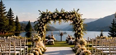 A lakeside wedding setup with an arch decorated with white flowers, wooden benches on either side, and a view of the water and mountains in the background.