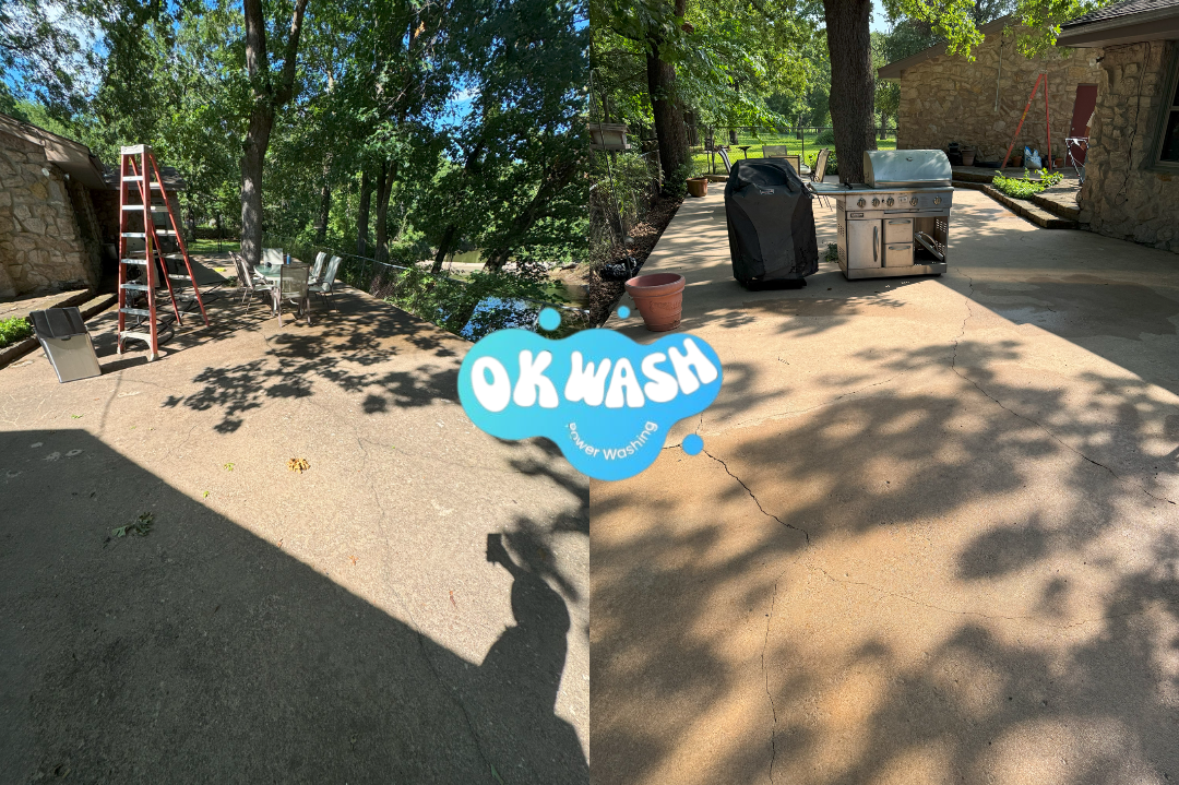 Comparison of a concrete patio before and after pressure washing, with trees and outdoor furniture in the background, and a
