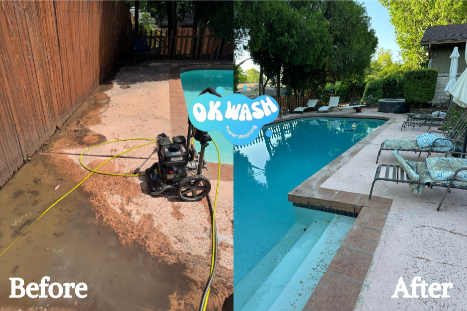 Side-by-side comparison of a backyard swimming pool area before and after cleaning. The left side shows a dirty, stained pool deck with water and cleaning equipment. The right side shows a clean, clear swimming pool with surrounding patio furniture a