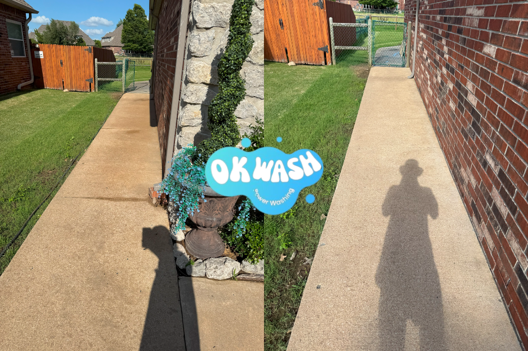 Comparison of two concrete walkways along brick and stone walls, with shadows and a plant in a pot showing a cleaning or washing process.
