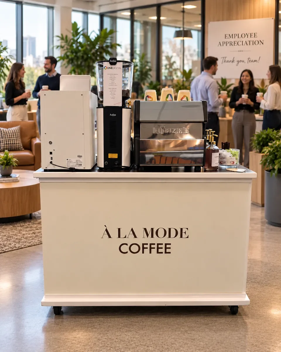À LA MODE COFFEE espresso cart in an office lounge,Imagine an espresso bar at your next employee appreciation event.