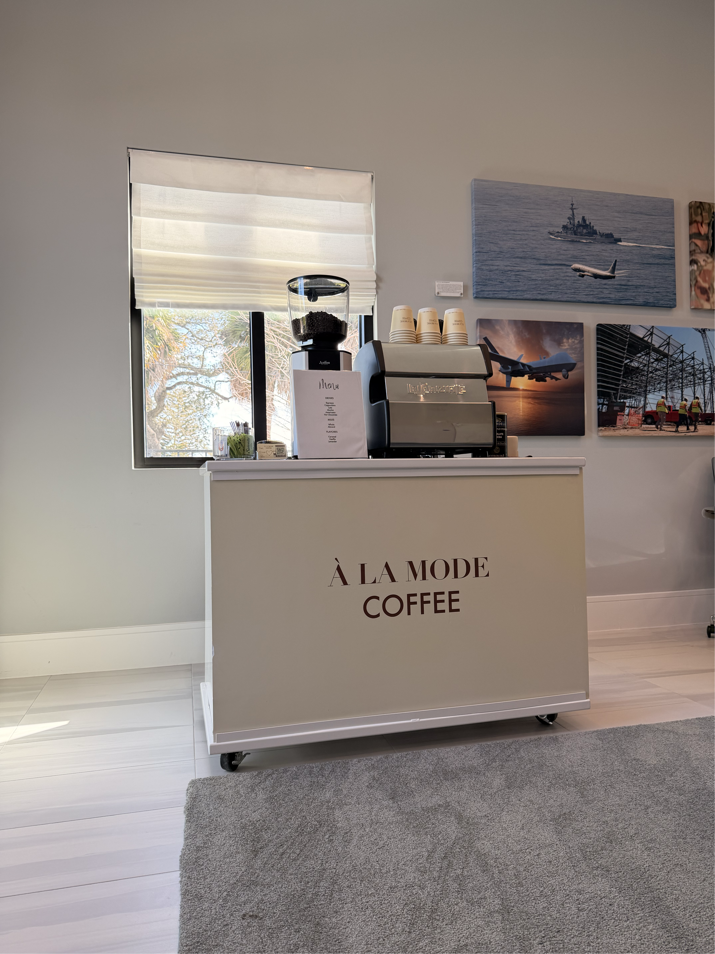 Mobile coffee cart by À La Mode Coffee providing full-service espresso catering at a special event in Orlando, Florida.