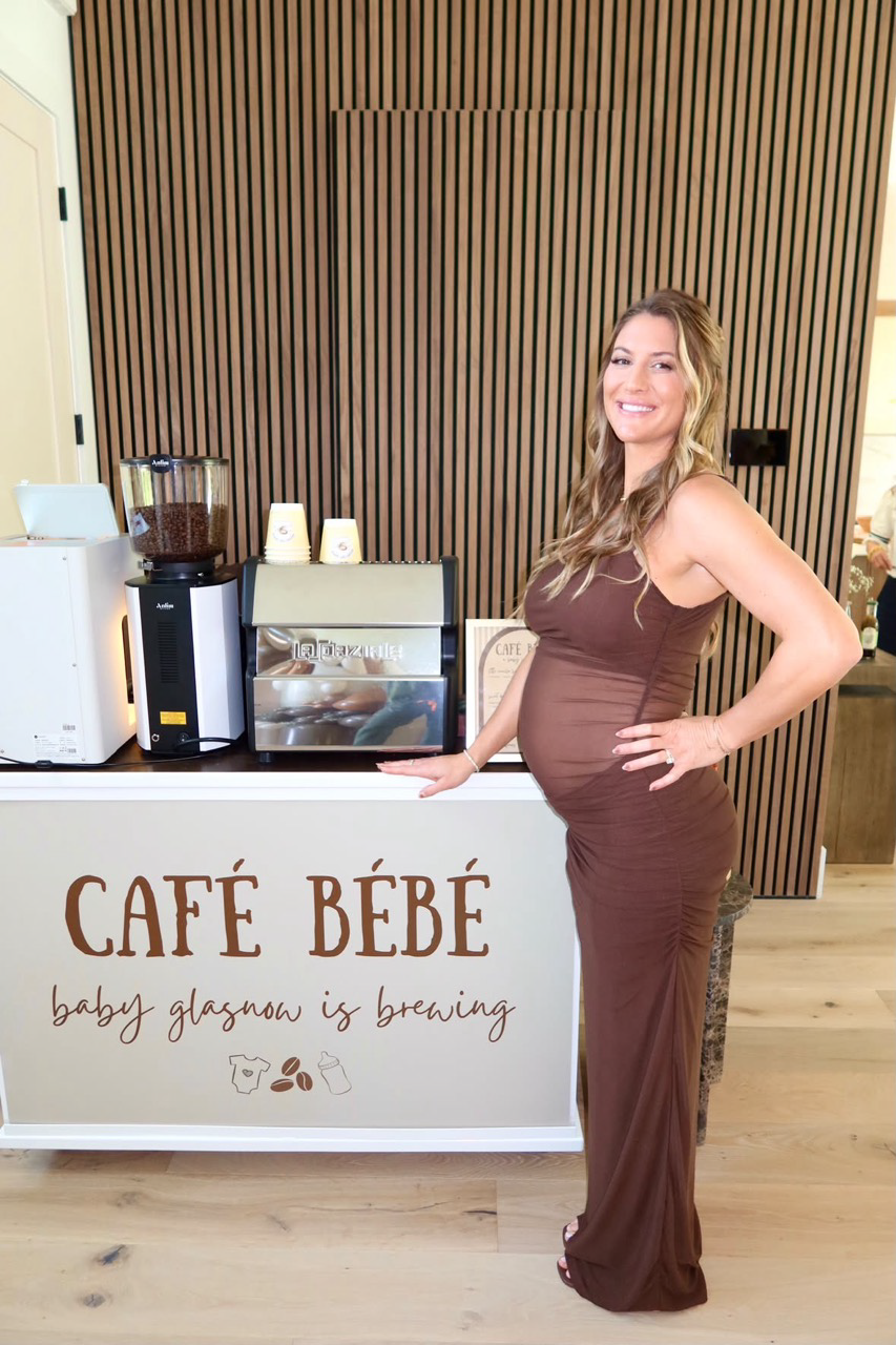 Elegant espresso bar catering setup with personalized drinks for Meghan’s baby shower