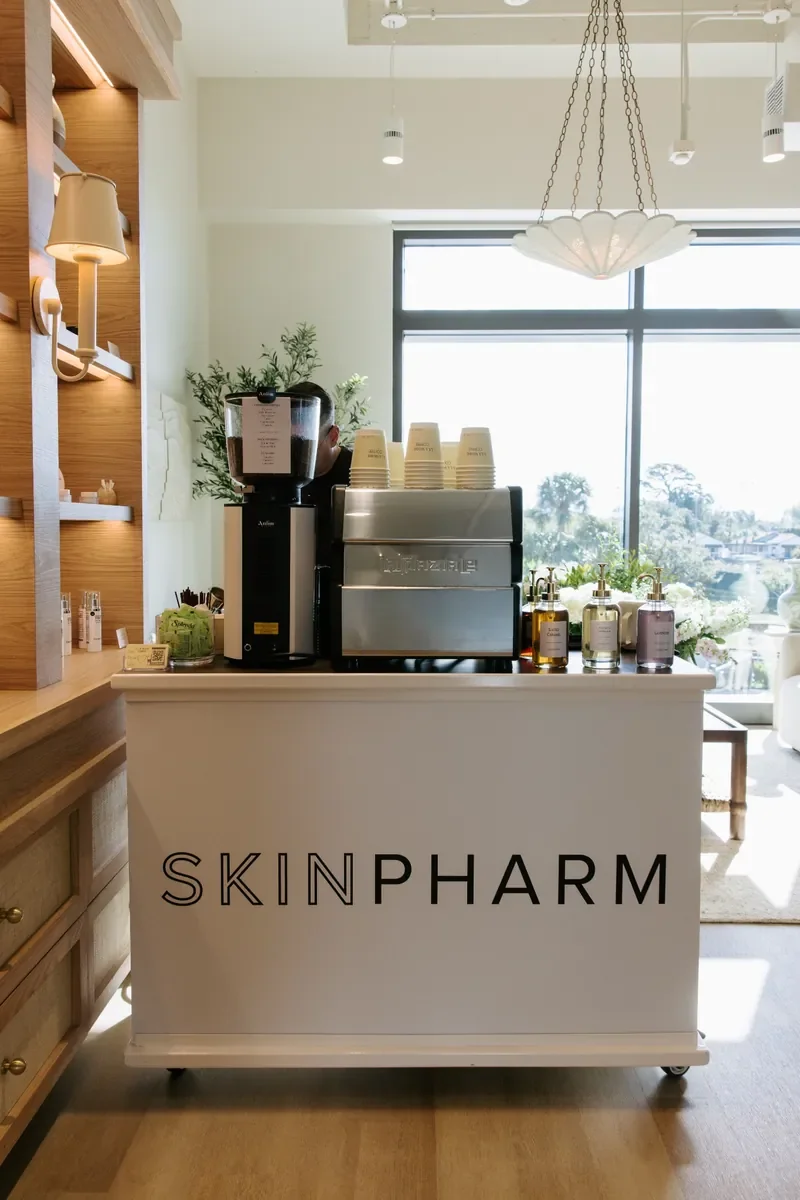 SkinPharm-branded mobile espresso cart by À LA MODE COFFEE at the Winter Park grand opening.