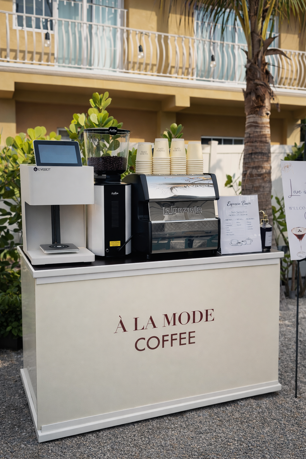 Mobile espresso bar coffee cart serving fresh specialty coffee at an event in Orlando by À La Mode Coffee catering service
