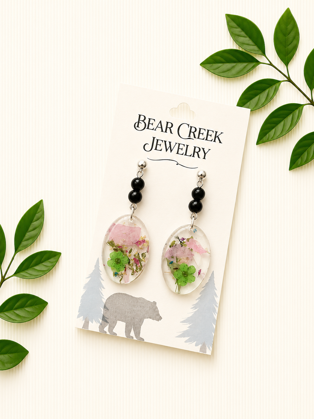 Pink & Green Flowers w/ Black Beads