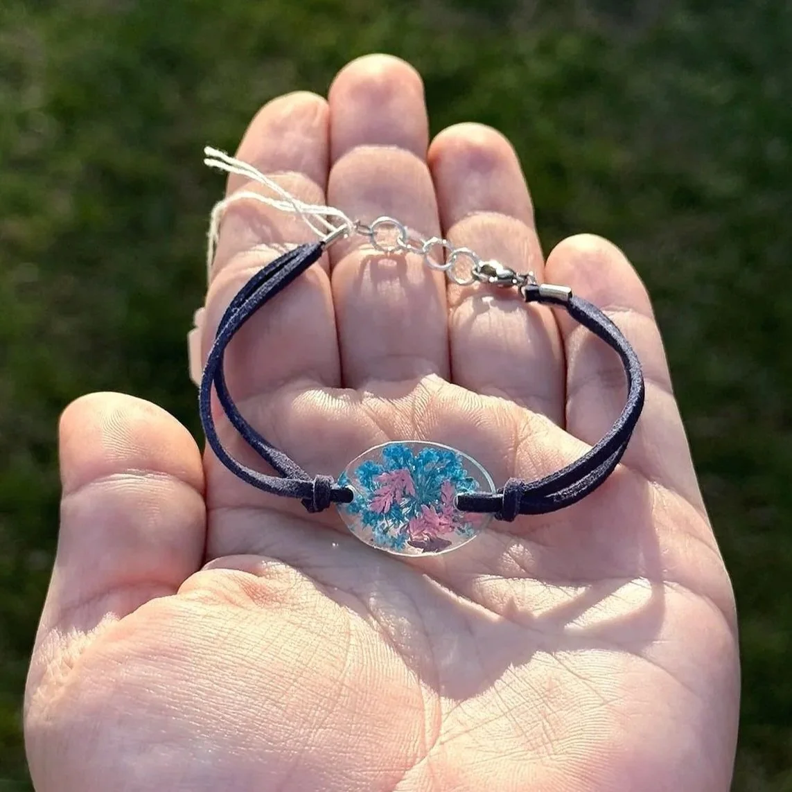 Pink & Blue Leaf Bracelet w/ Blue Cord