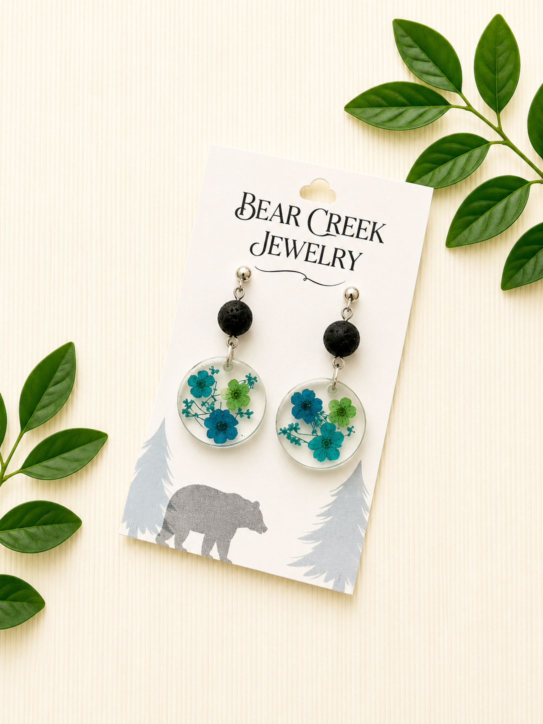 Blue & Green Flowers w/ Lava Beads