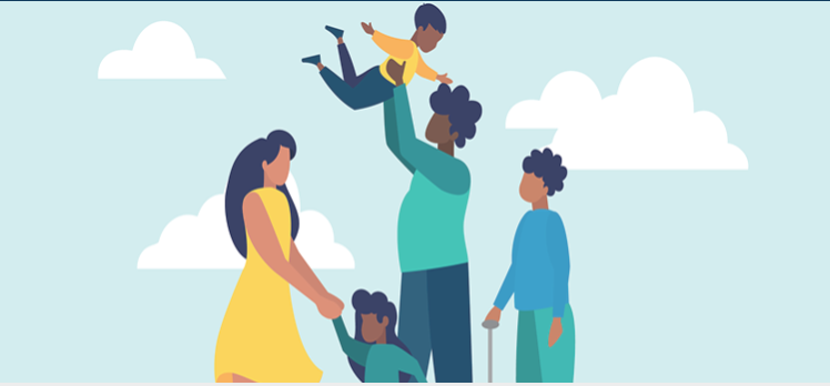 A family of four outdoors, with a woman in a yellow dress, a man lifting a child into the air, a young boy holding the woman's hand. Male engagement compendium.