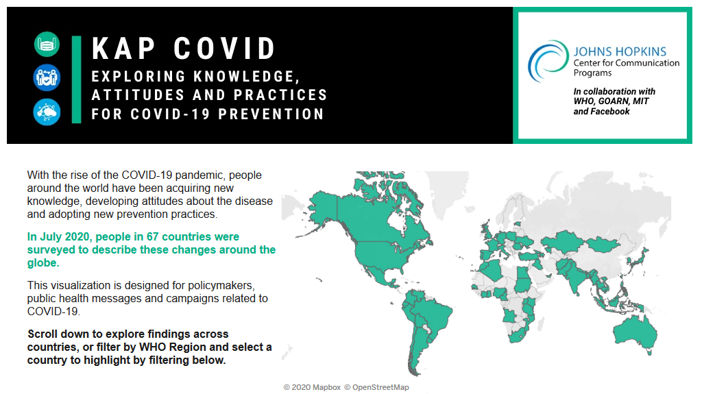 Map highlighting countries surveyed about COVID-19 attitudes in July 2020, with teal colored countries on a world map.