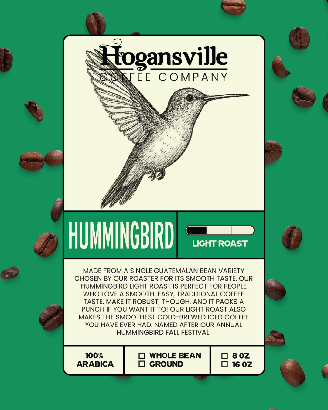 Packaging of Hogansville Coffee Company's hummingbird light roast coffee with illustrated hummingbird and scattered coffee beans background.
