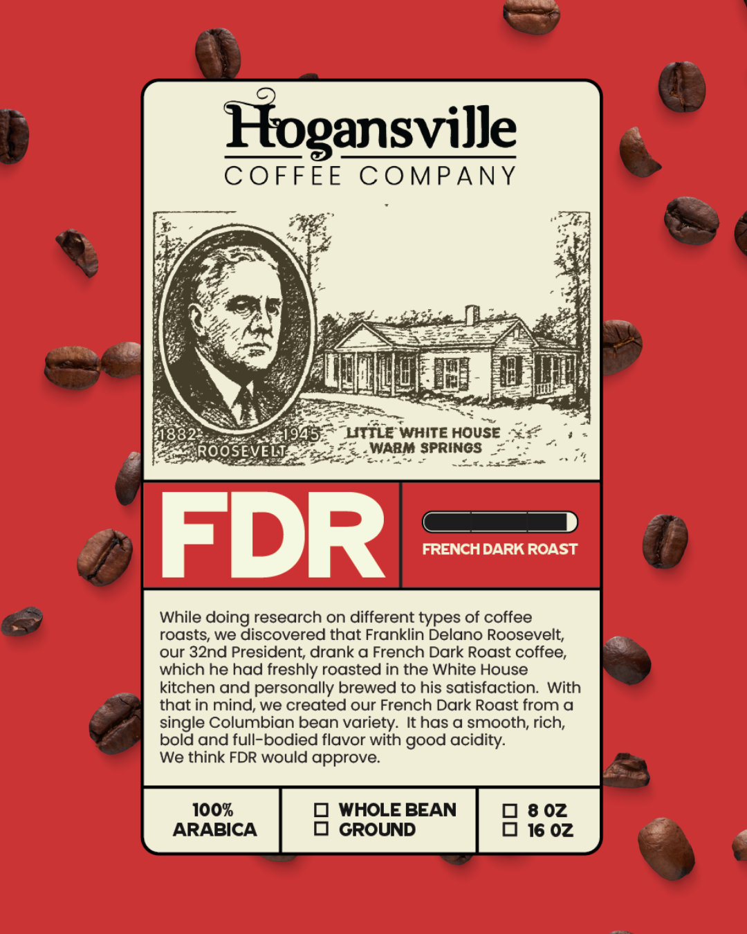 Coffee packaging for Hogansville Coffee Company featuring a vintage image of Franklin D. Roosevelt and a house labeled "Little White House" in Warm Springs. The coffee is French Dark Roast, 100% Arabica, ground, 16 oz. The description explains Roosevelt's preference for this blend.