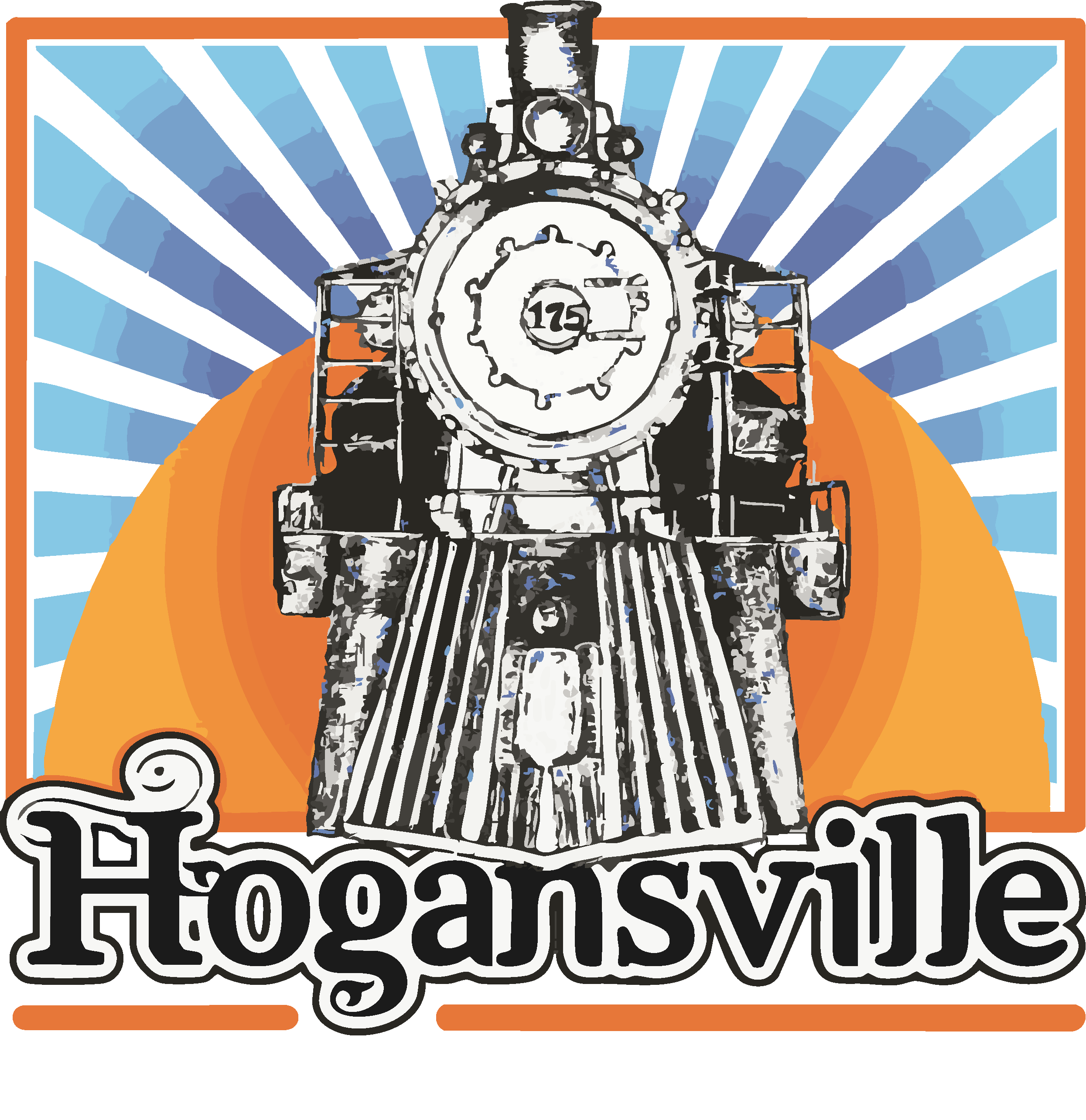 A stylized illustration of a vintage black train engine against a background of orange and blue rays, with the text 'Hogansville Coffee Company' below.