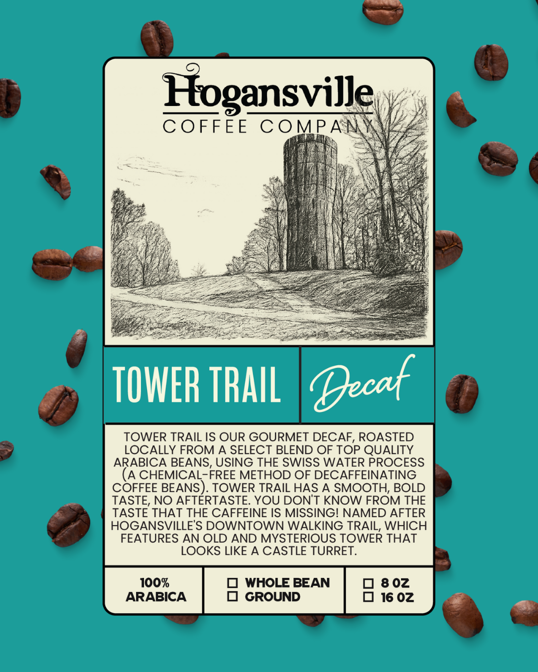 Package label for Hogansville Coffee Company's Tower Trail Decaf coffee, featuring a sketch of a tower and trees, with coffee beans scattered around.