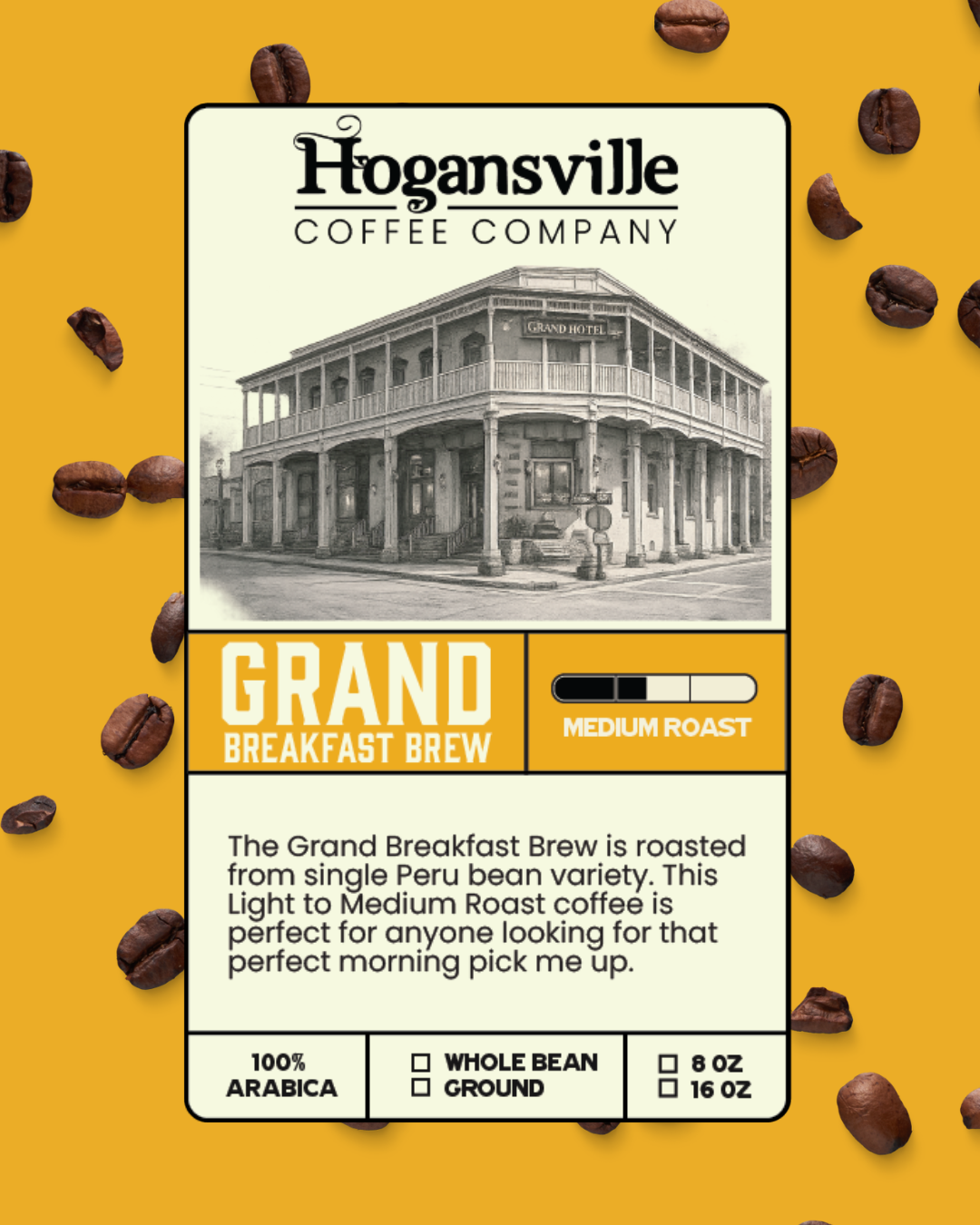 Packaging label for Hogansville Coffee Company's Grand Breakfast Brew coffee with a black-and-white illustration of a historic hotel, a medium roast indicator, and coffee beans scattered around on a yellow background.