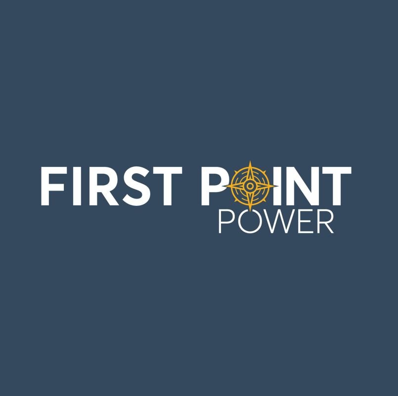 Logo with the text "First Point Power" and a compass design in gold color.