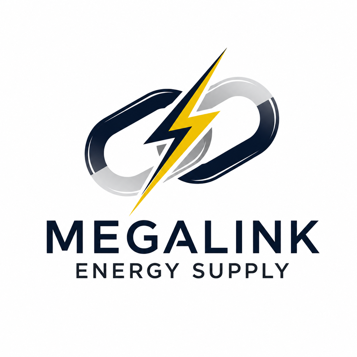 Logo for Megalink Energy Supply featuring a stylized black and gray chain link with a yellow lightning bolt through the center, and the company name below.