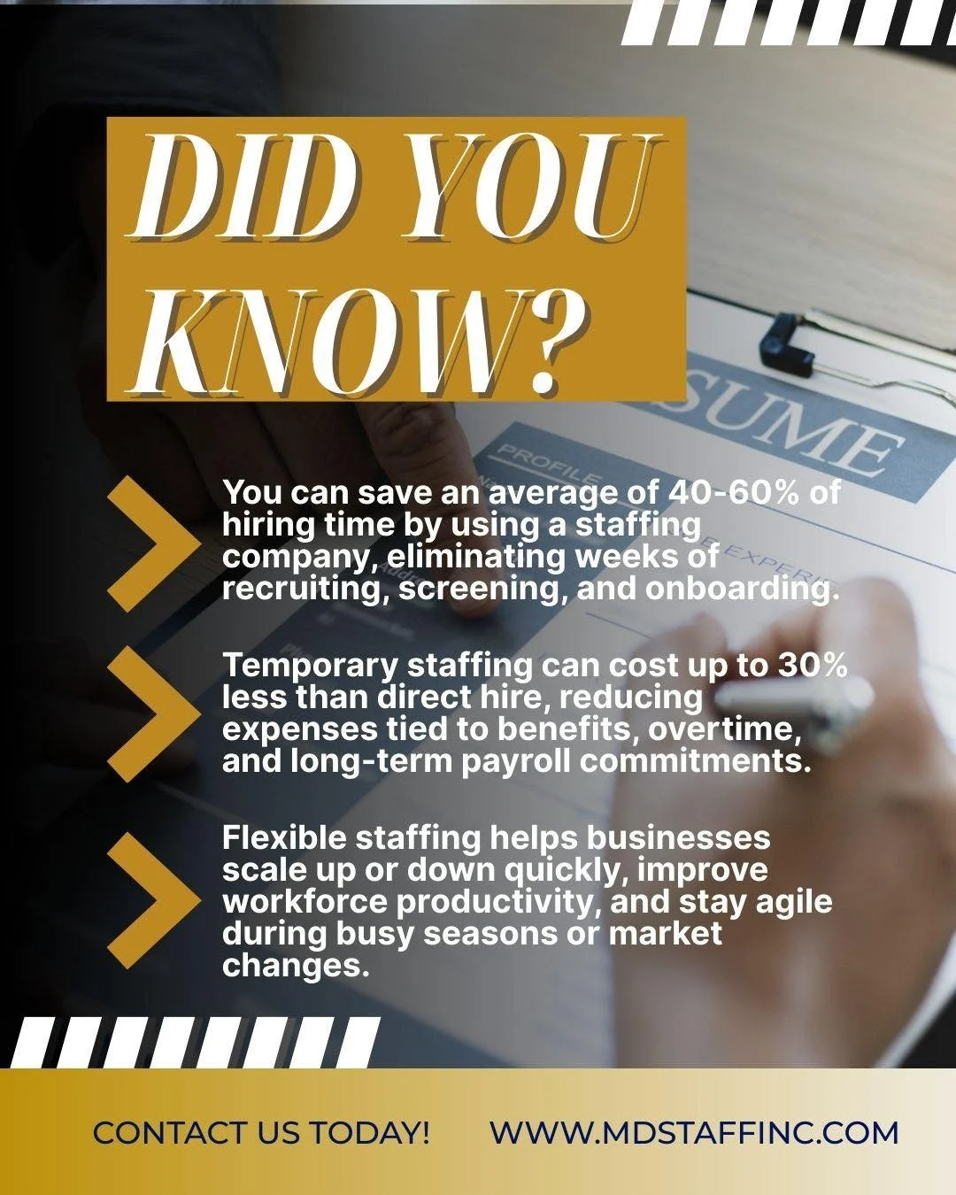 Hiring doesn&rsquo;t have to be time-consuming or costly. 💼 At MD &amp; Associates Staffing, we help businesses save an average of 40&ndash;60% of hiring time, reduce hiring costs by up to 30%, and scale quickly with the right talent - right when yo
