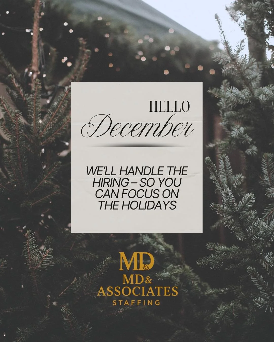December is here! ❄️ Let us handle the hiring, scheduling, and staffing - so you can make the most of the holiday season.

Whatever your need, we&rsquo;re here to staff it with excellence. 
www.mdstaffinc.com
L.davis@mdstaffinc.com 
(404) 858-5630