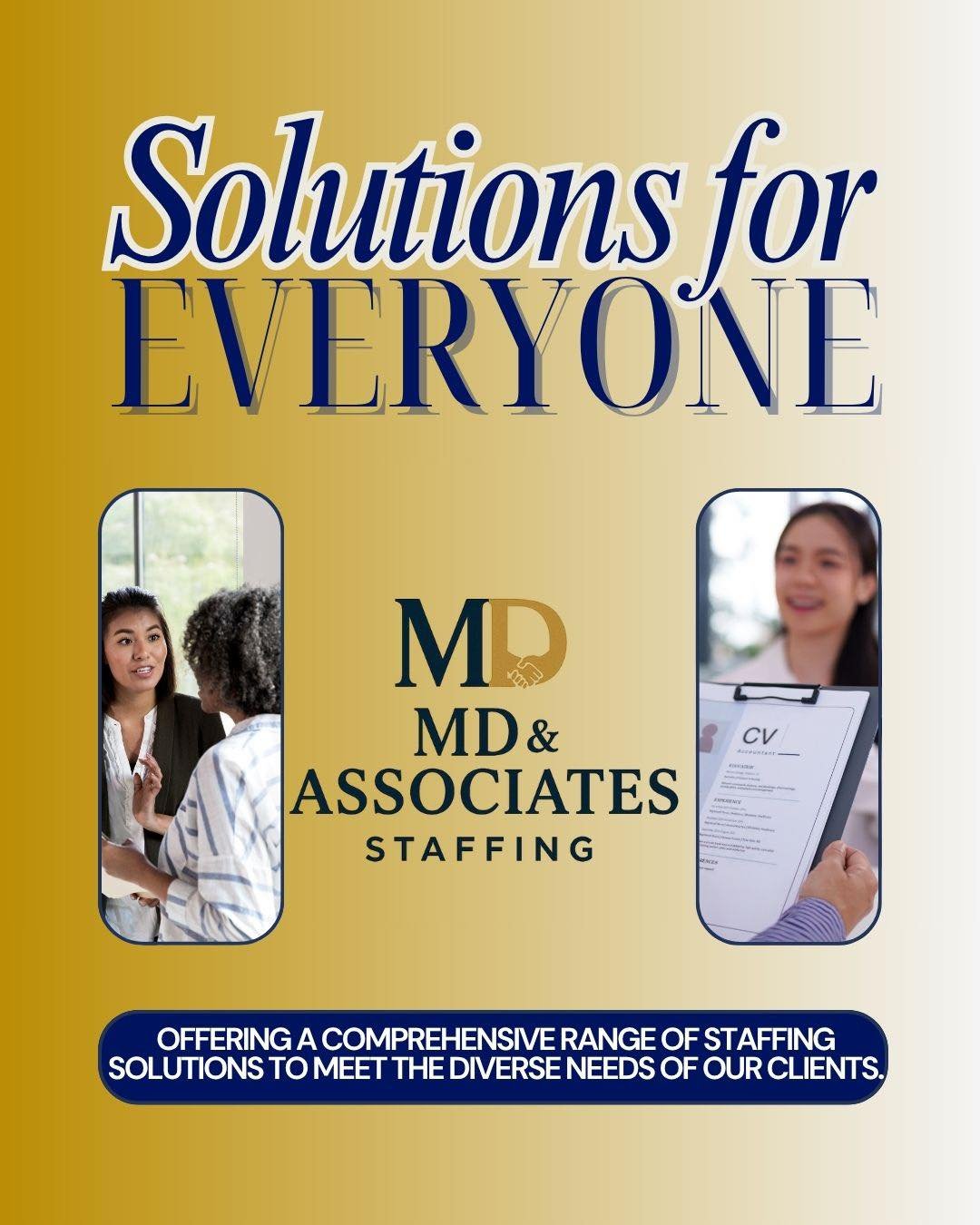At MD Staffing &amp; Associates, we offer a comprehensive range of staffing solutions designed to meet the diverse needs of every client. From short-term placements to long-term partnerships &mdash; we have staffing solutions for everyone. 🤝

Whatev