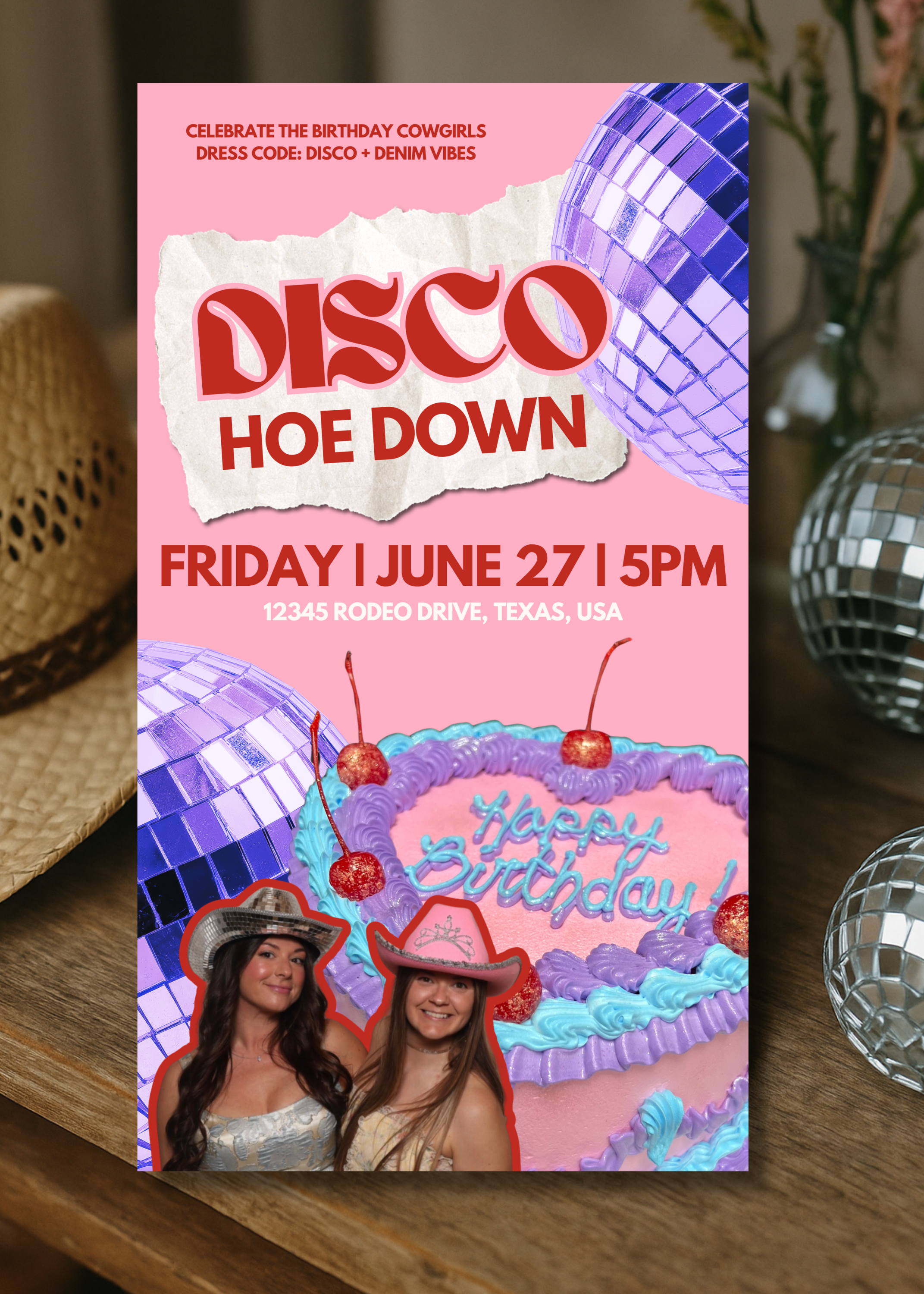 Disco Hoe Down birthday party invitation with pink background, purple disco balls, and a birthday cake with cherries. Features two women wearing cowboy hats and a "Happy Birthday" message.