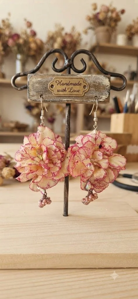 Carnation with rice flowers earing, rainbow rhinestone