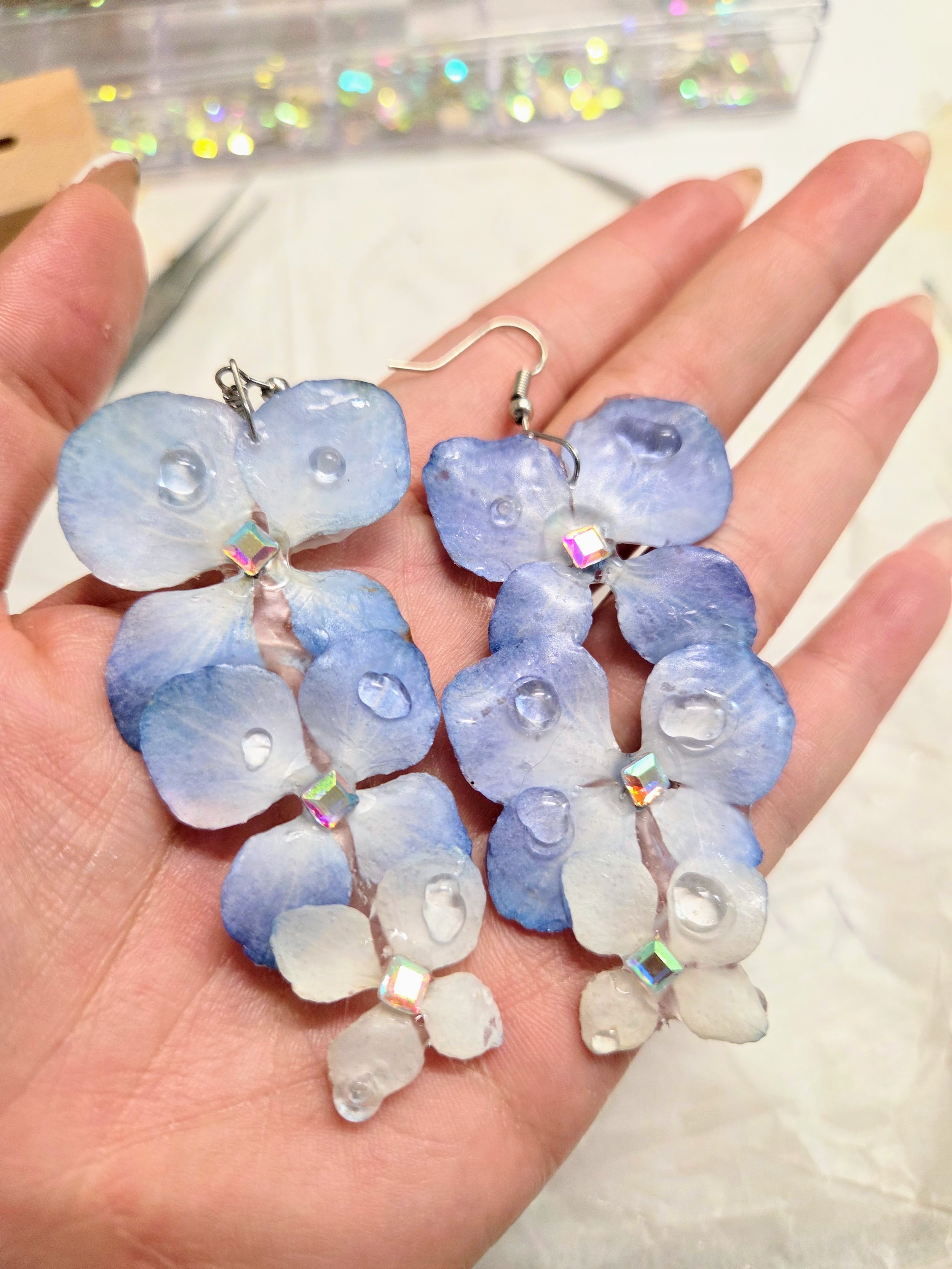 Blue hydrangea earrings preserved water drops rhinestone