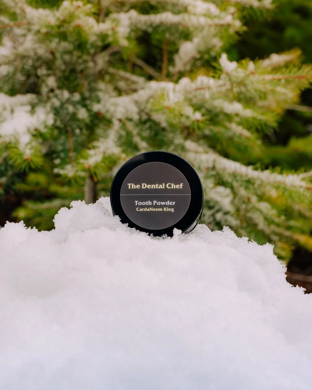 The Dental Chef CardaNeem King tooth powder jar placed on snow in a forest setting, highlighting eco-friendly oral care products photographed in natural winter light.
