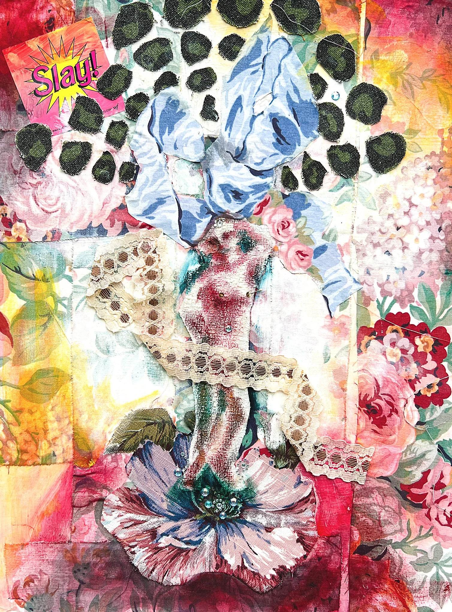 Victory. Oil paint, collaged fabric, sequins, 16x 20in. 2023