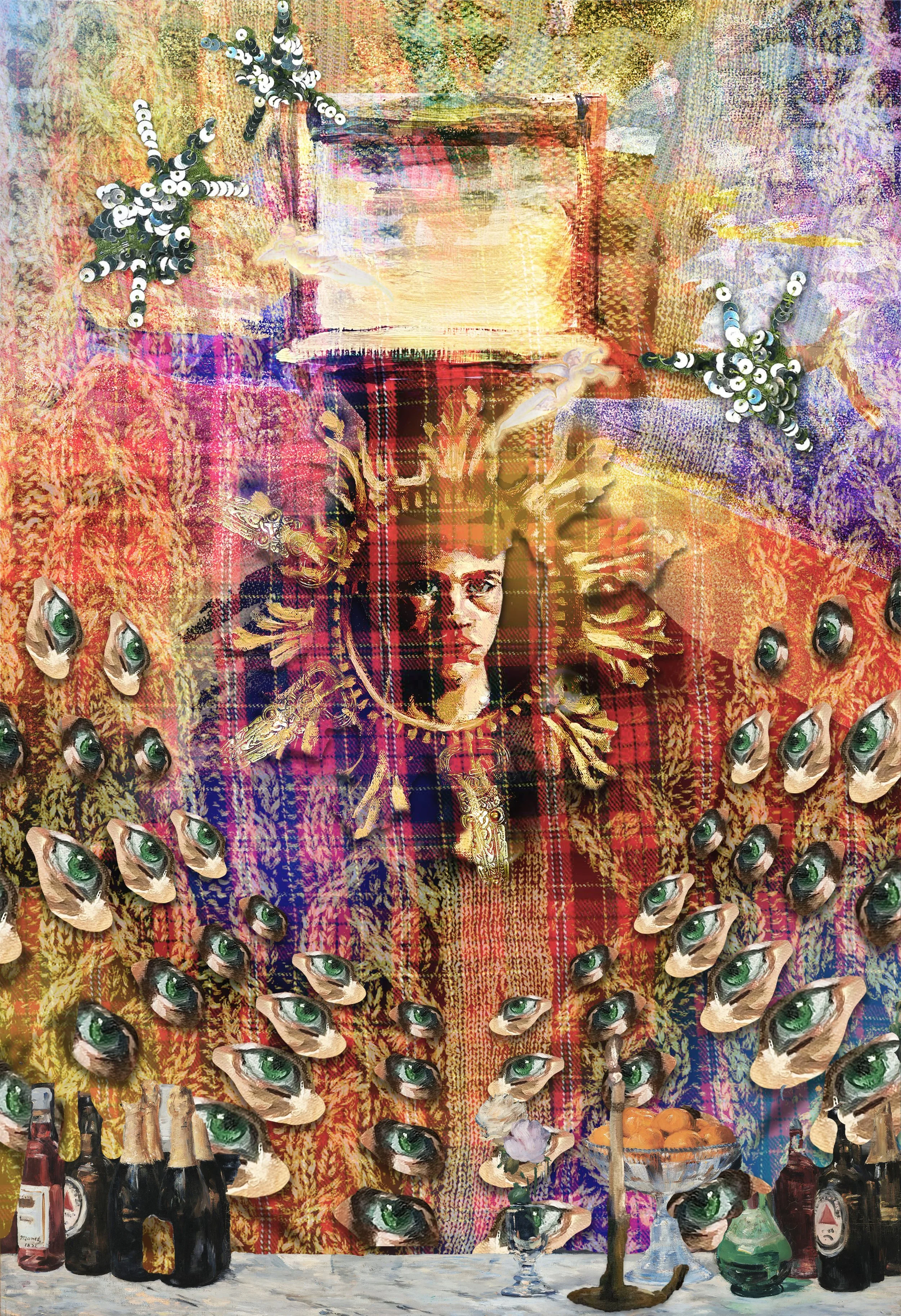 Introspeculation, Scanned clothing, self portrait, found paintings. 2023
