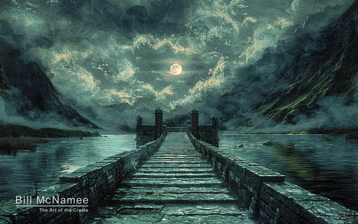 Moonlit Gothic stone bridge spanning a drowned valley, wide stairway descending into water beneath heavy clouds.