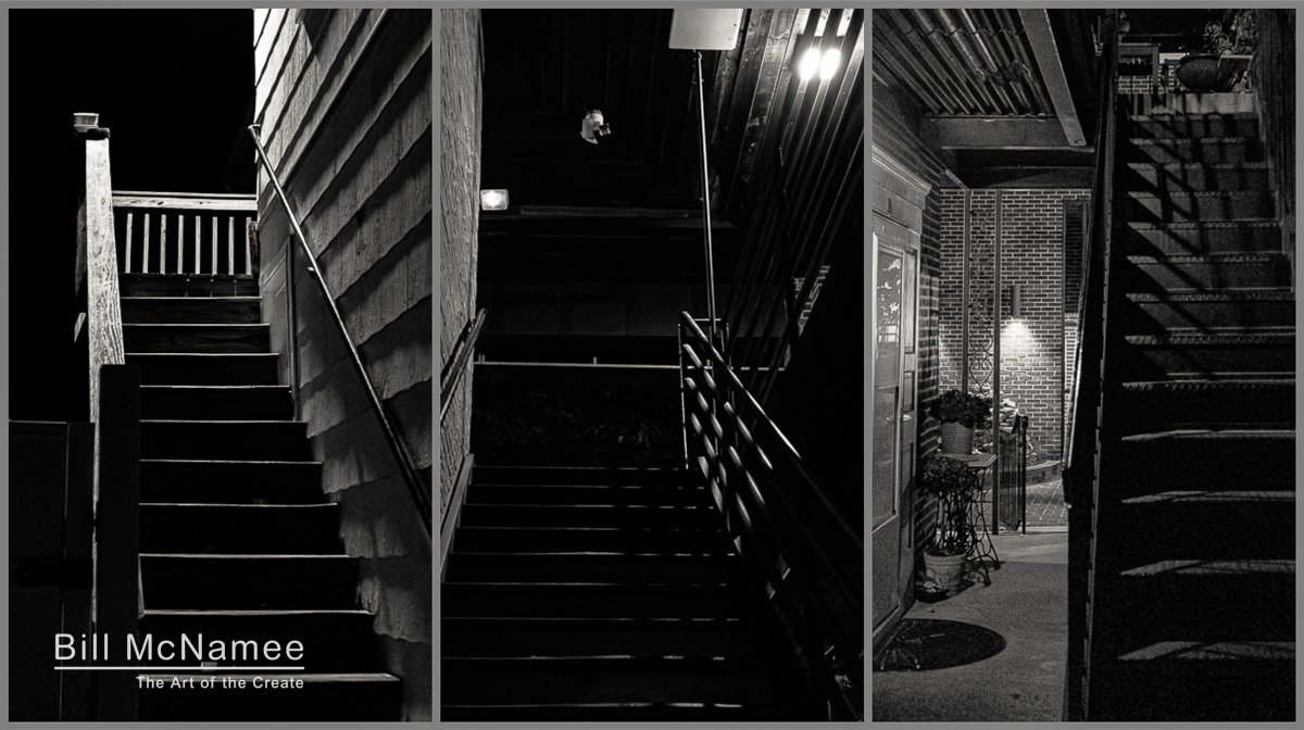 Three black-and-white photographs of exterior staircases at night in downtown Westminster, Maryland.
