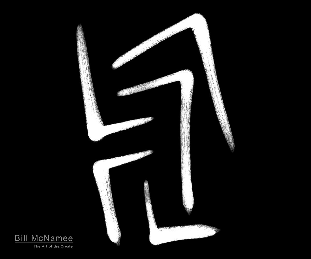 bstract white doodle with bold angular geometric lines on a black background.