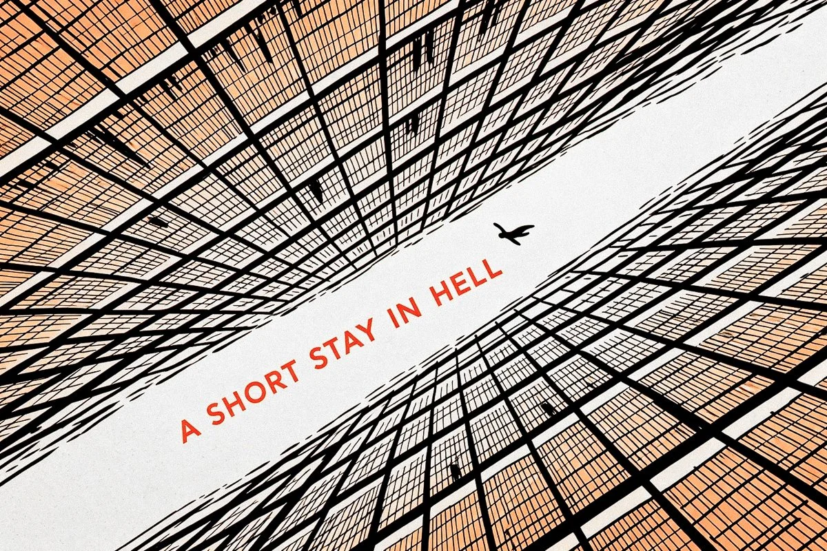Book cover of A Short Stay in Hell by Steven L. Peck, a philosophical novel about a man searching a vast library for the story of his life.