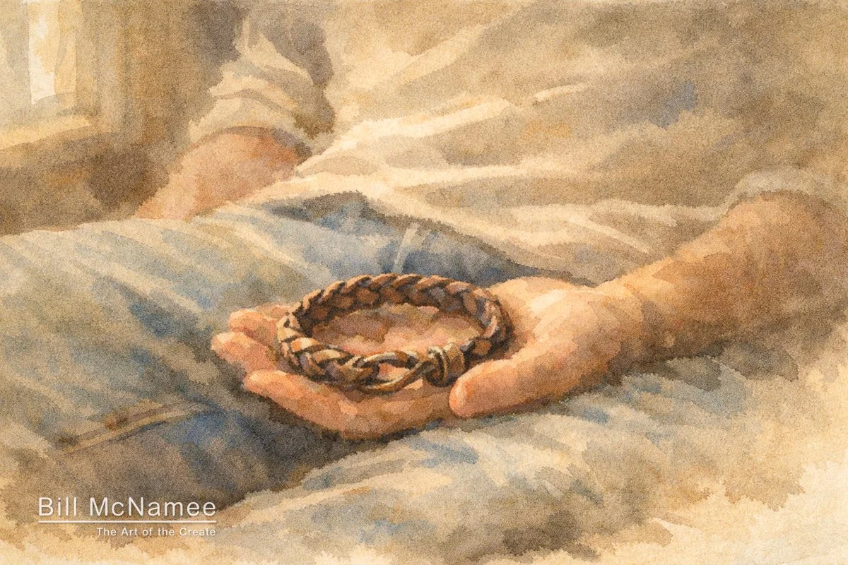 Watercolor image of a worn braided leather bracelet lying in an open palm in soft, muted light.