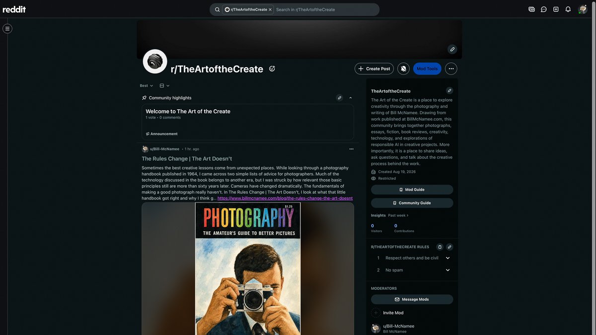 Reddit community page for The Art of the Create, featuring posts from BillMcNamee.com.