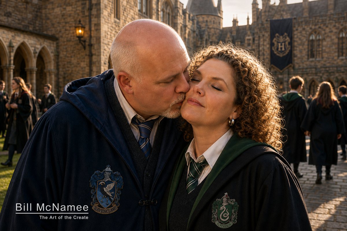 A Ravenclaw and Slytherin share a kiss on the grounds of Hogwarts surrounded by other students.