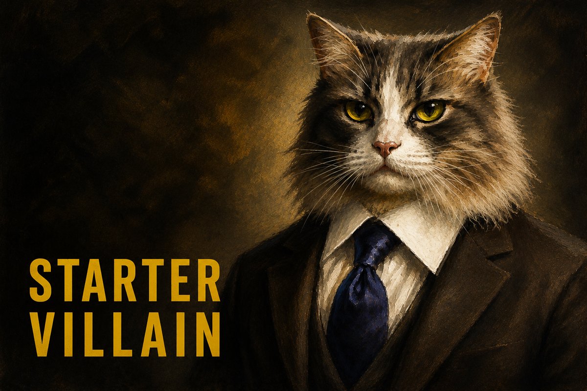 Book cover of Starter Villain by John Scalzi featuring a tuxedo-clad cat against a gold background.