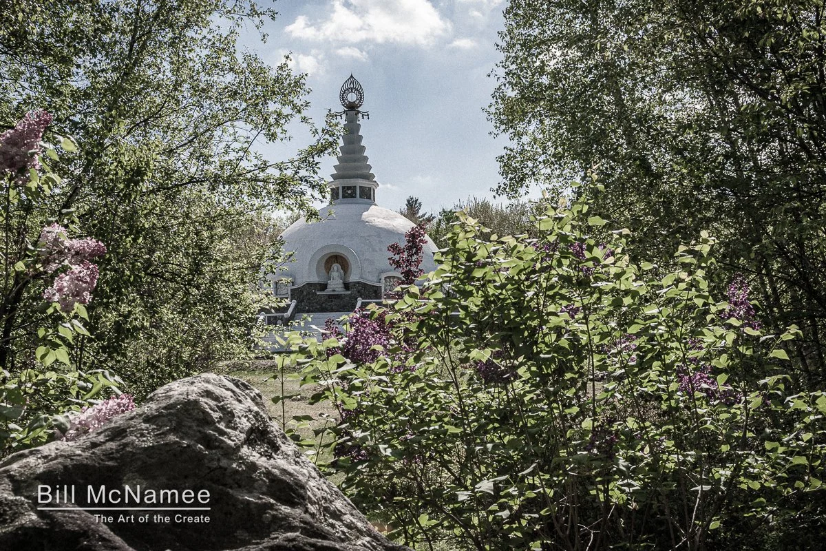 Grafton Peace Pagoda framed by lilacs, trees, and a large foreground boulder.