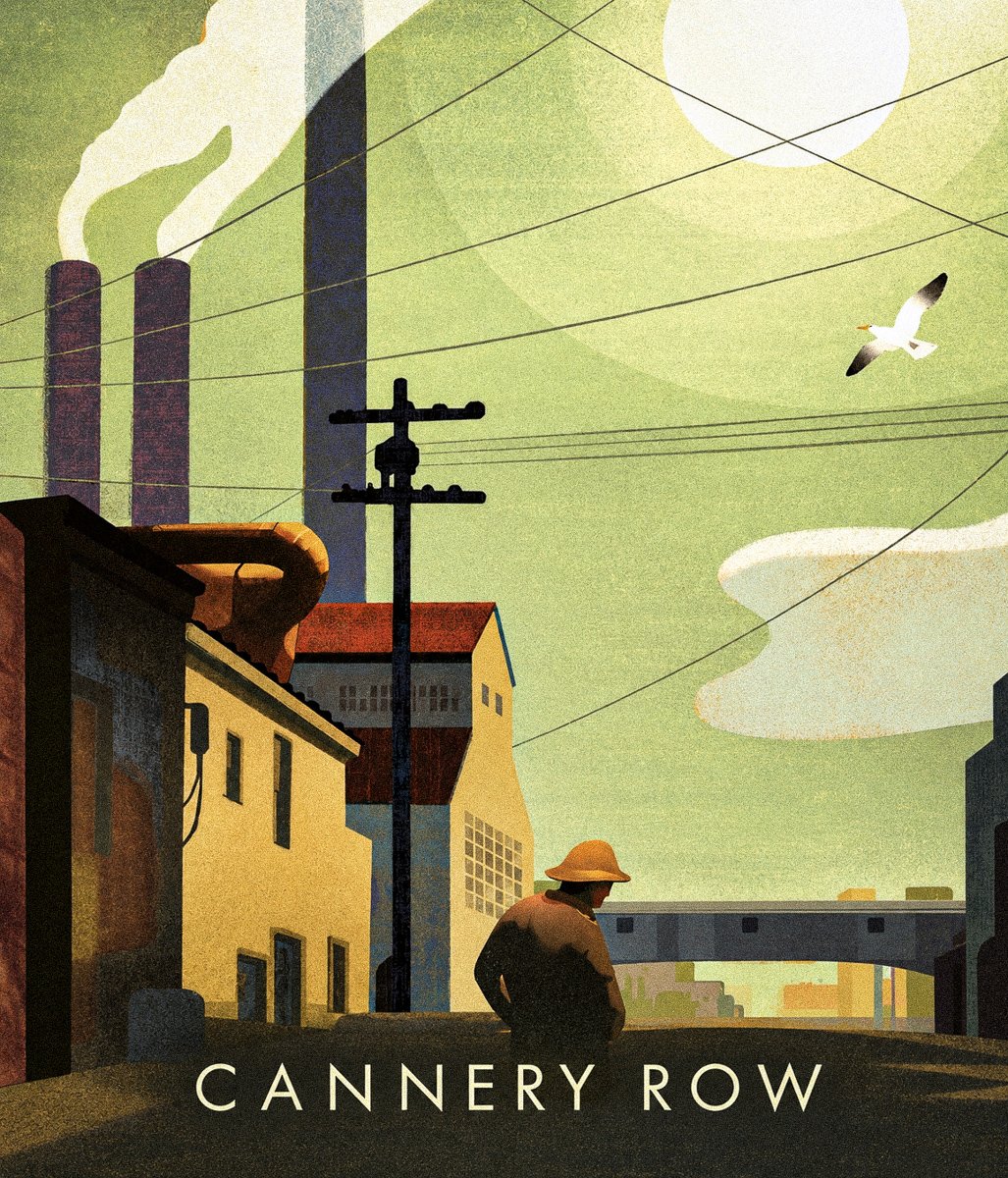 Illustration of Cannery Row with industrial buildings, smokestacks, power lines, a seated man, and a seagull overhead.