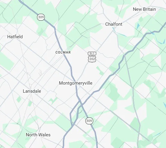 Map showing towns and highways in Bucks and Montgomery County, PA, including North Wales, Lansdale, Montgomeryville, Colmar, Chalfont, New Britain, and nearby roads.
