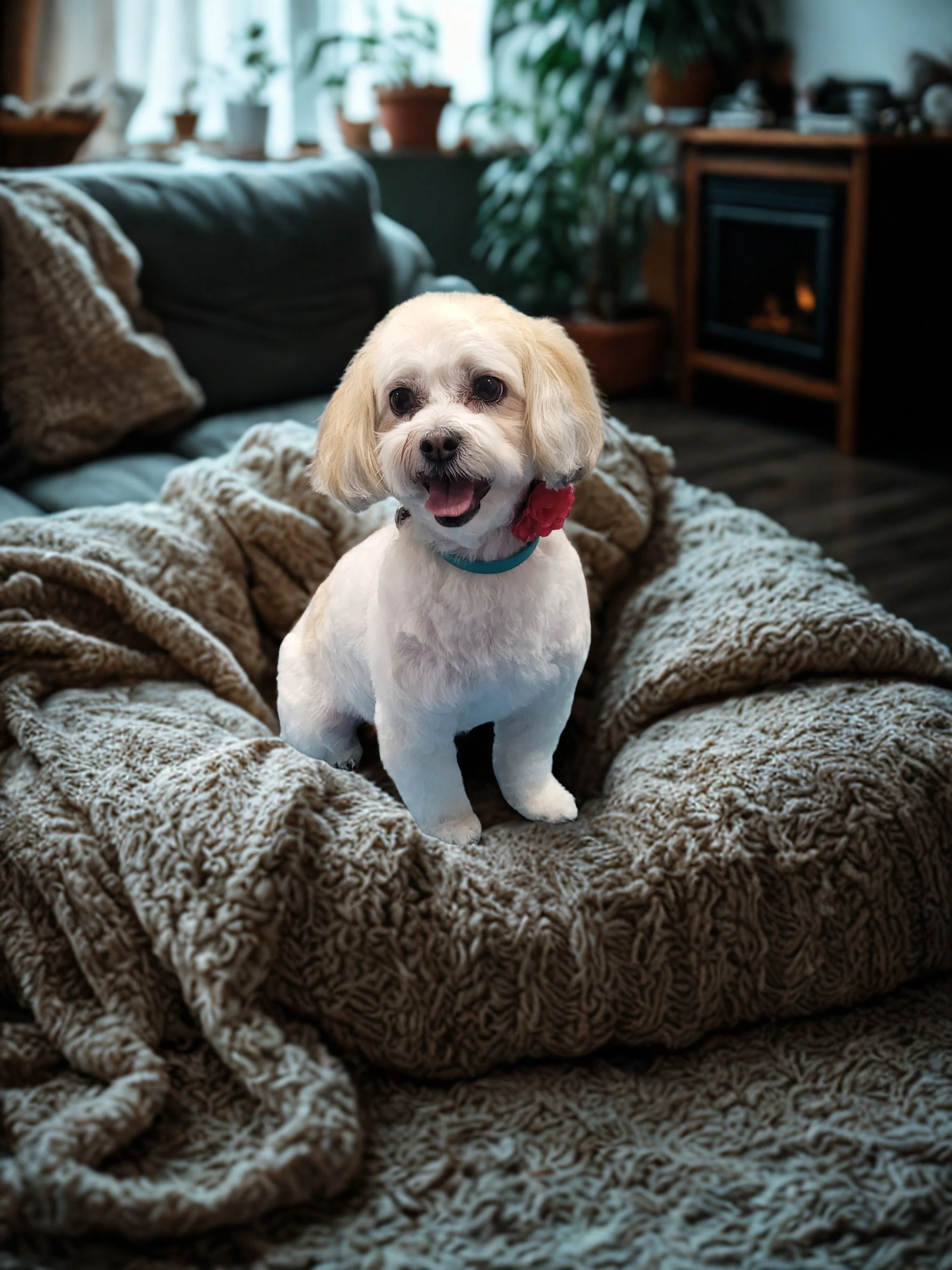 A small, white dog with floppy ears sitting on a plush, patterned blanket in a cozy living room.