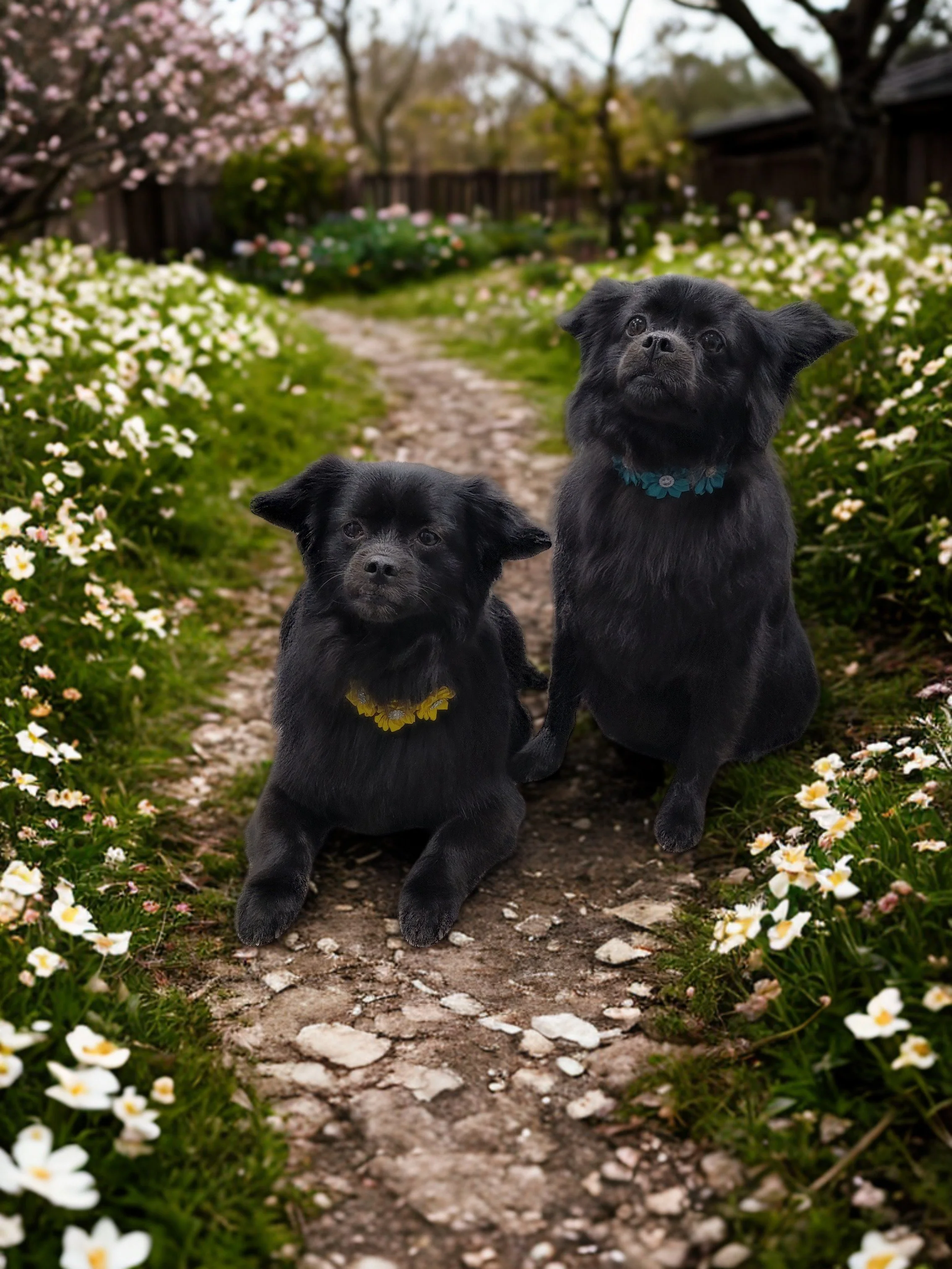 Two small black dogs with floppy ears sitting on a dirt path surrounded by white and pink flowers in a garden.