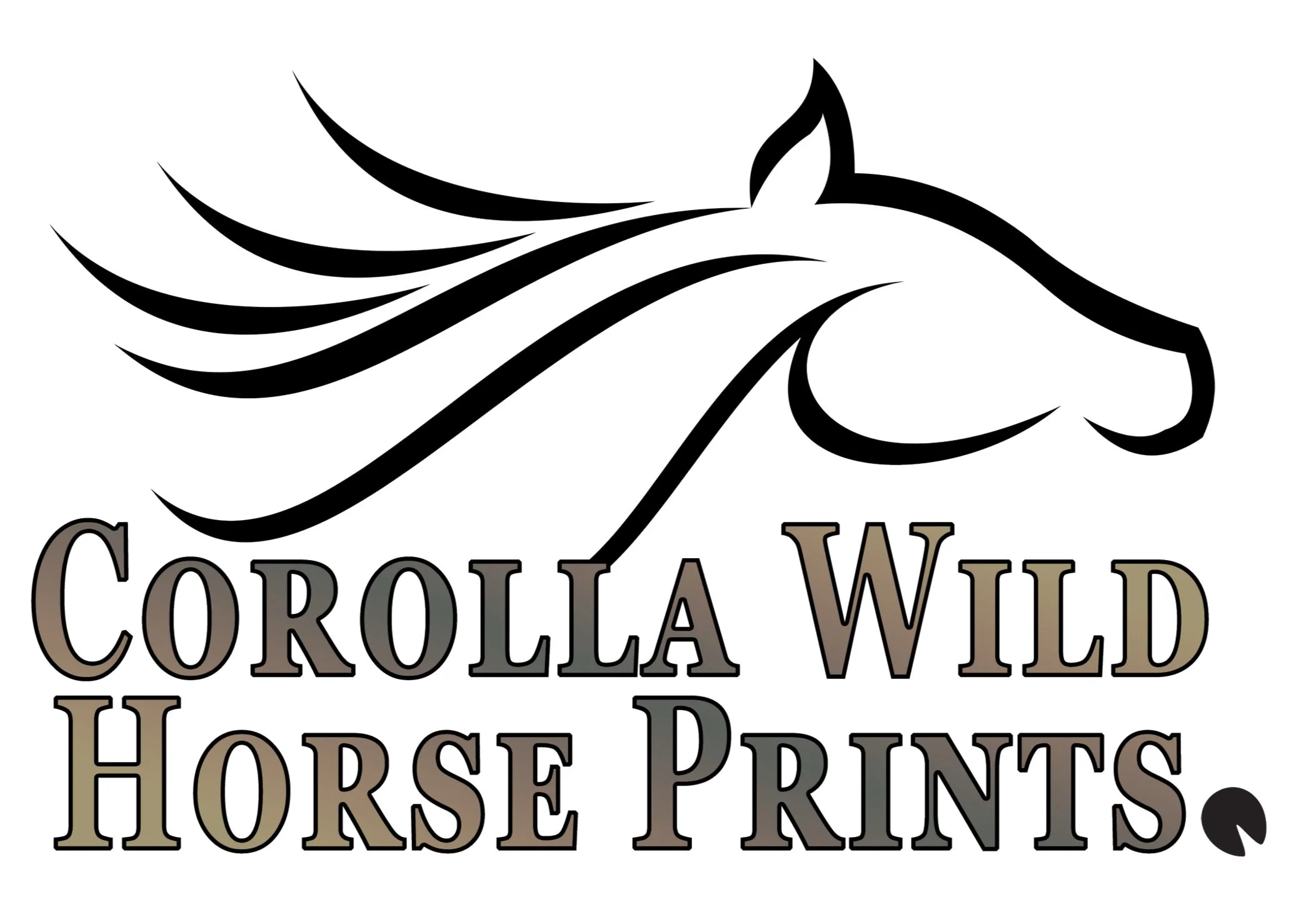 Stylized black line drawing of a horse's head with flowing mane above text 'Corolla Wild Horse Prints' in black and tan font.