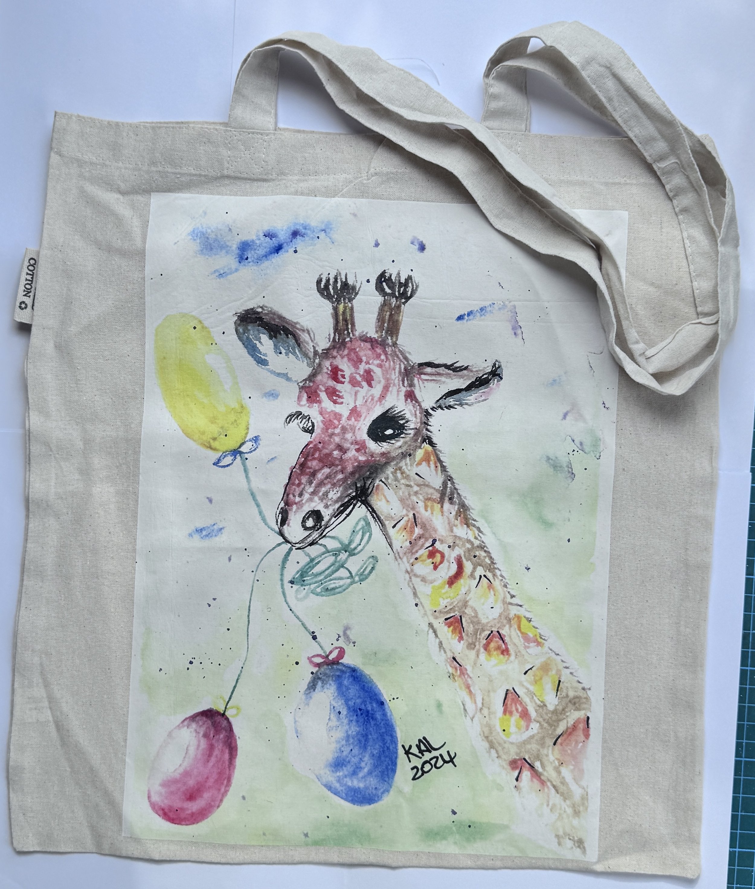 Cotton Tote Bag - Giraffe holding Balloons