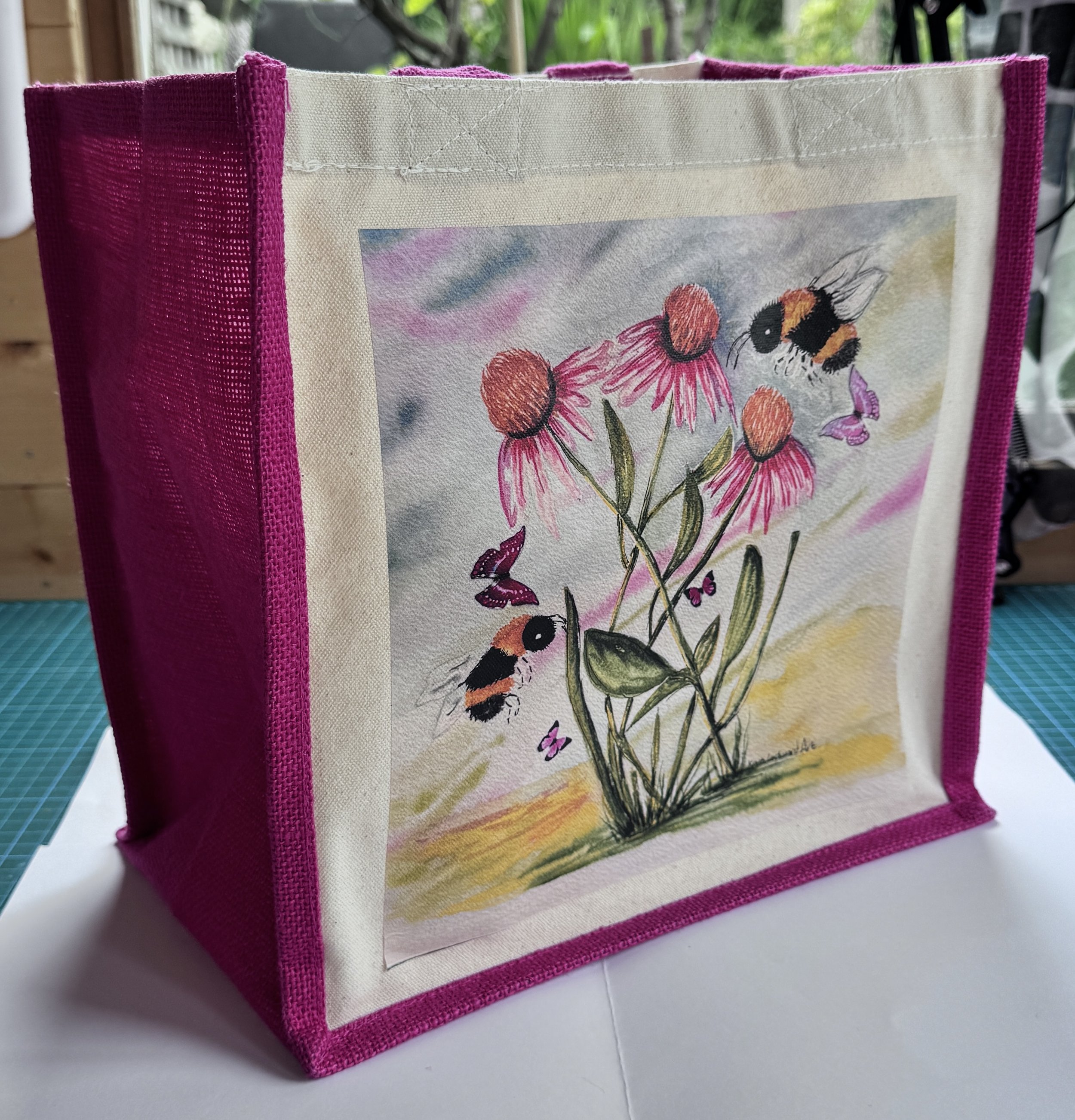 Jute tote bag Echinacea and bumblebee