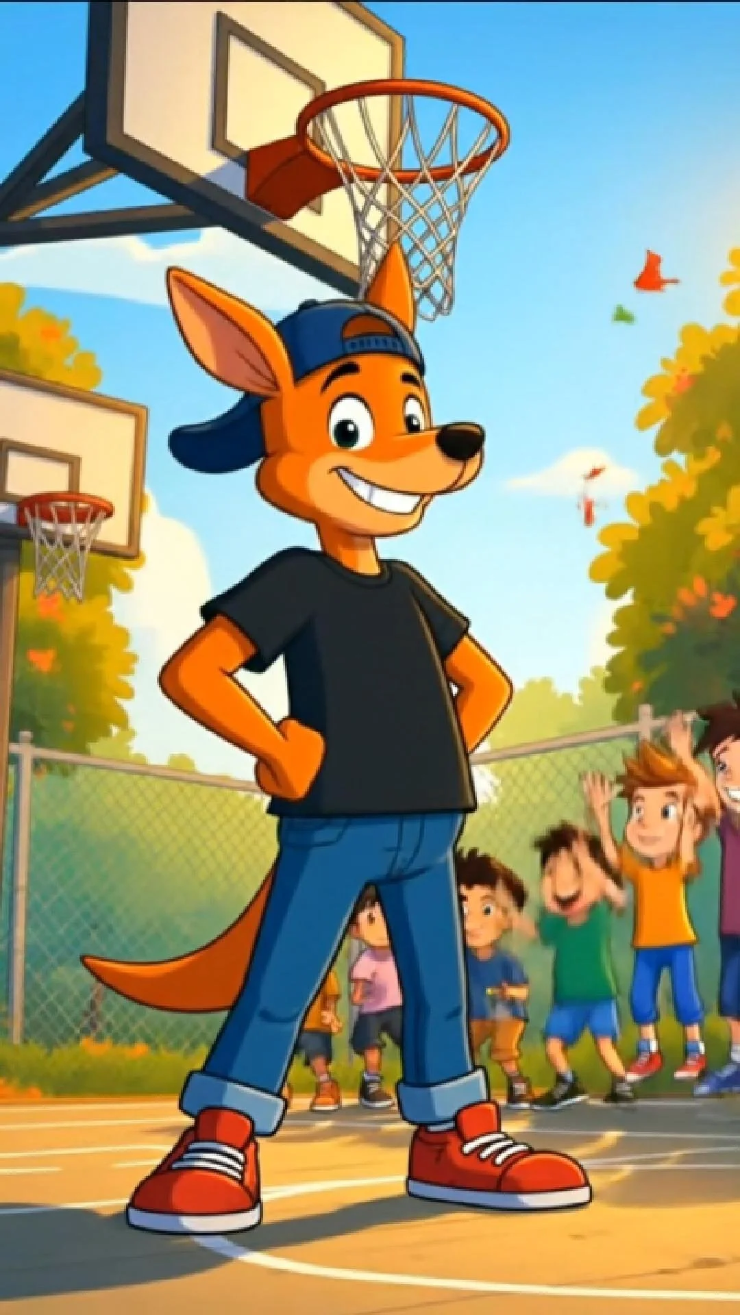 Animated image of a young anthropomorphic wearing a black T-shirt, blue jeans, red sneakers, and a blue baseball cap turned backwards, standing confidently on a basketball court with a basketball hoop in the background. Several children are cheering and celebrating behind him, with trees and a blue sky with clouds and flying birds in the background.