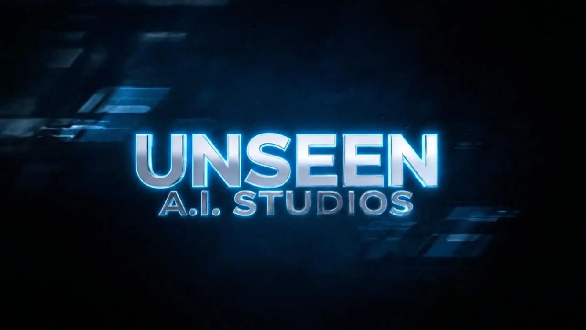 Futuristic blue logo that reads "UNSEEN A.I. STUDIOS" on a dark background.