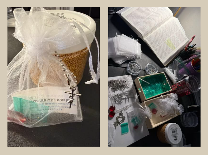 Small handmade “Baggie of Hope” containing a mustard seed and symbolic items, created as a faith-based outreach gift representing hope, transformation, and new beginnings.